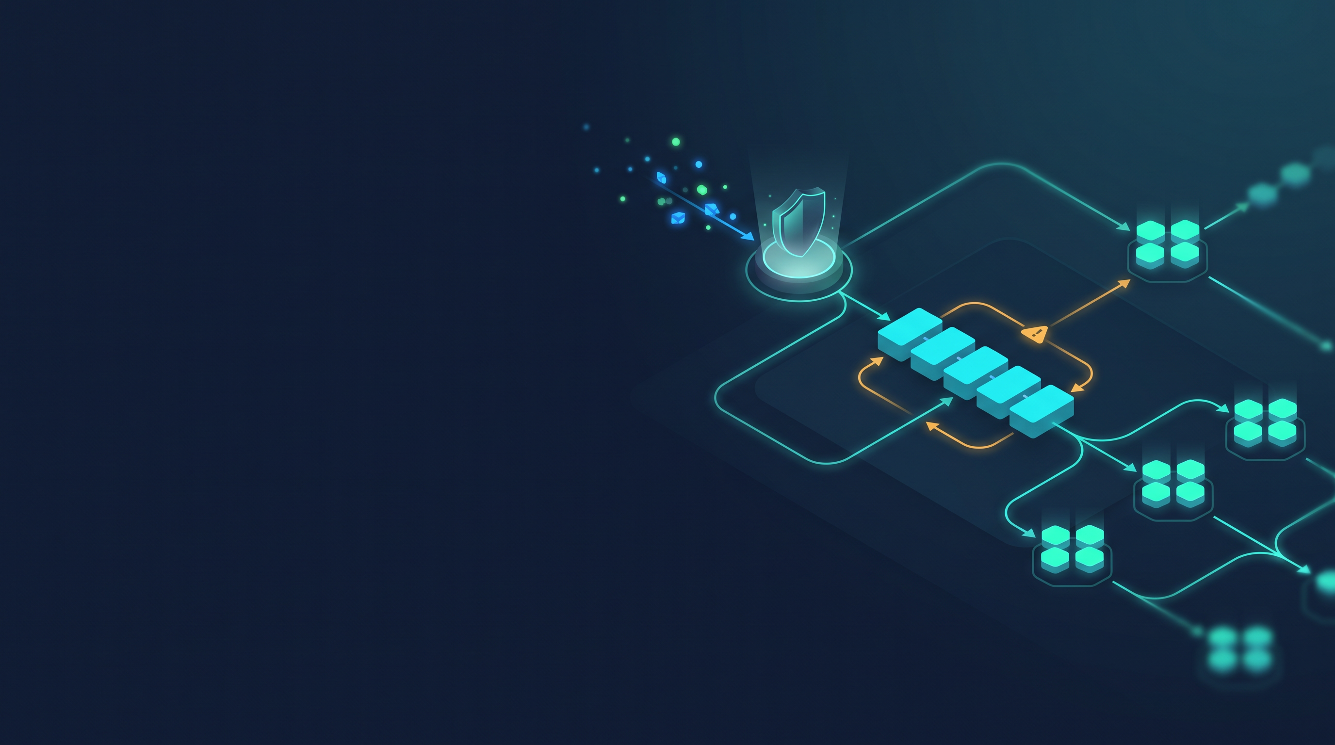 Abstract secure webhook event flow moving through a gateway into a resilient queue and worker system