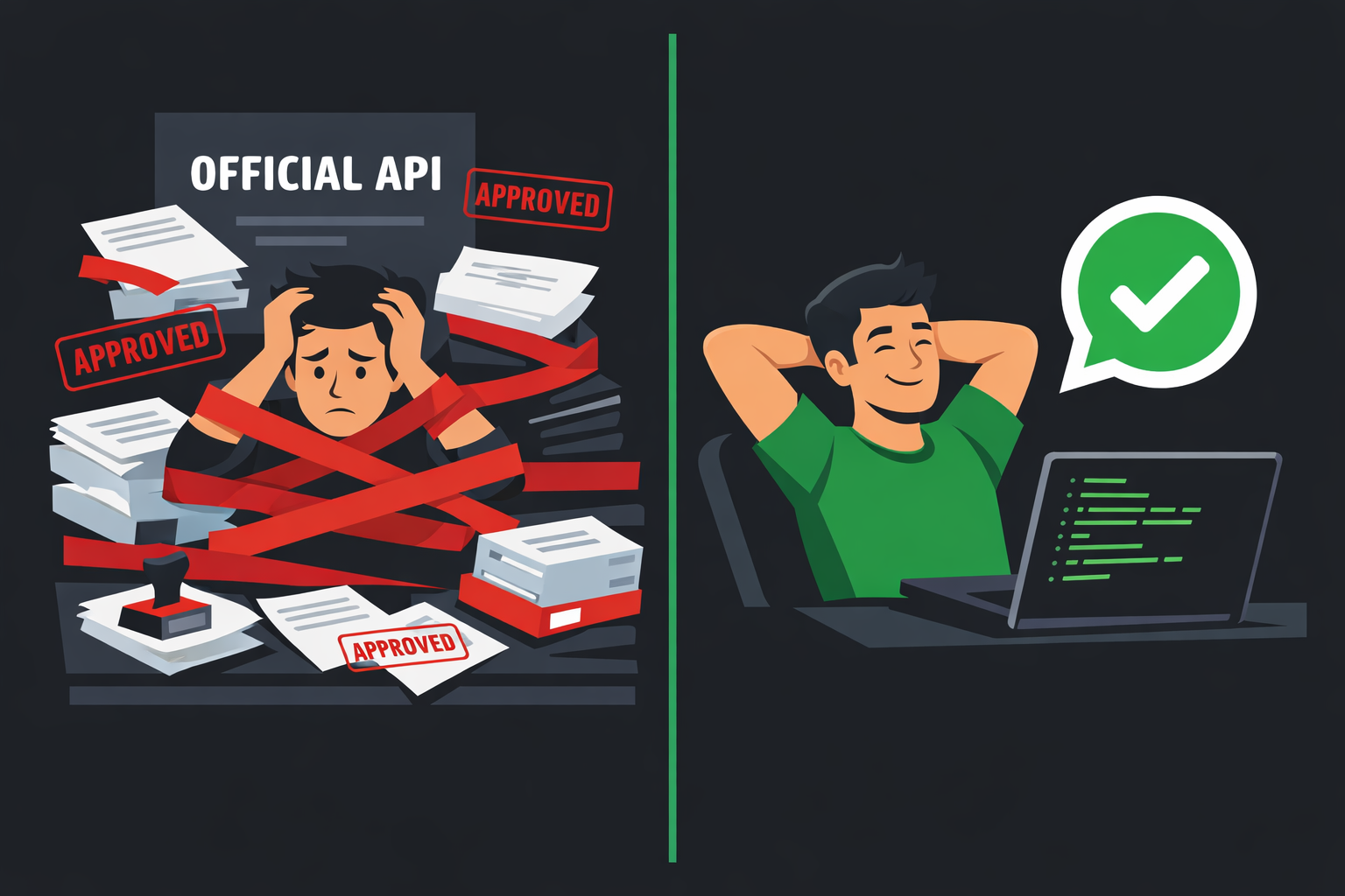 Stressed developer buried in official API paperwork vs. relaxed developer coding easily with WhatsApp API checkmark icon